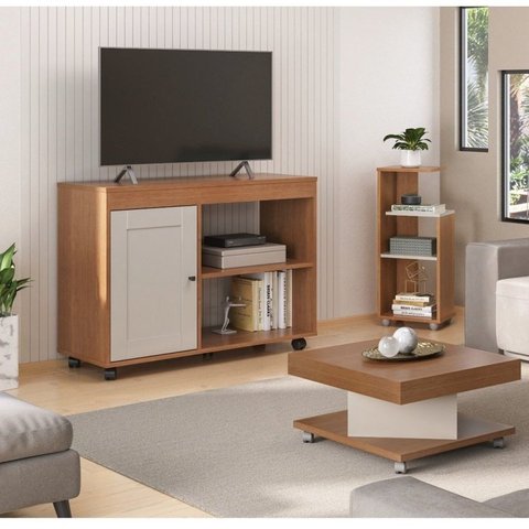 Conjunto Sala de Estar Rack para TV até 49 pol Zoom com Mesa de Centro Saara e Mesa de Apoio Bis Marrom