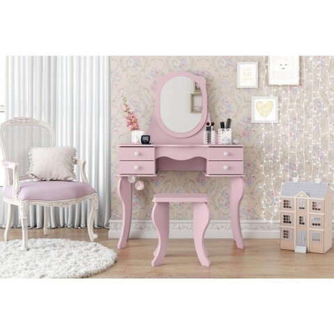 Penteadeira Princesa com Banqueta 4 Gavetas Espelho MDF Rosa Patrimar