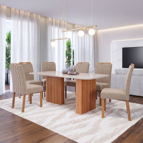 Sala de Jantar 6 Lugares Tampo de Vidro 210 cm Alice Cadeiras Madeira Maciça Cinamomo/Bege - Panoram