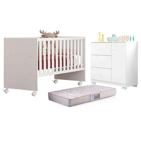 Berço Nacional Doce Sonho 3540 e Cômoda Infantil Duda Branco Brilho com Colchão Gazin - Phoenix