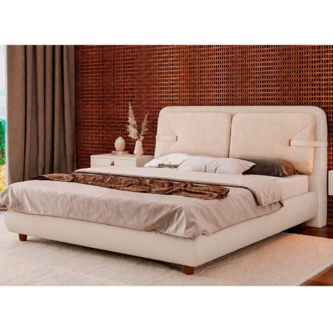 Cama Japonesa King Seo Yun com Cabeceira Estofada Madeira Off White Sallar Home