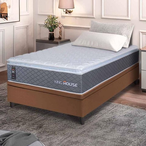 Conjunto Box Baú Marrom Argel Cinza Espuma D33 Solteiro 88x188x74 - King House