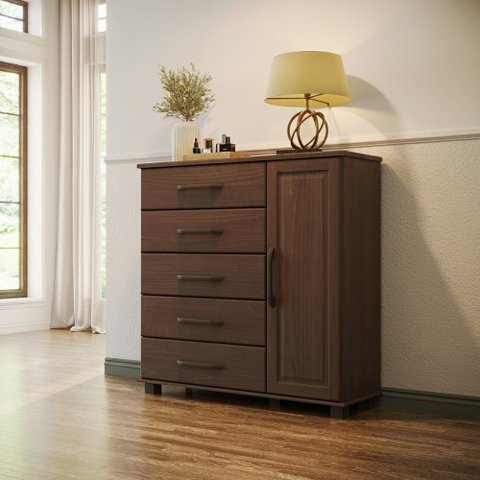 Cômoda Quarto Madeira Maciça 125cm 5 Gavetas 1 Porta Eliz F07- D'Rossi