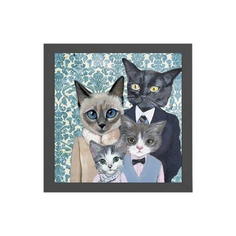 Quadro Quadrado Família De Gatinhos 20x20cm:Madeira branca