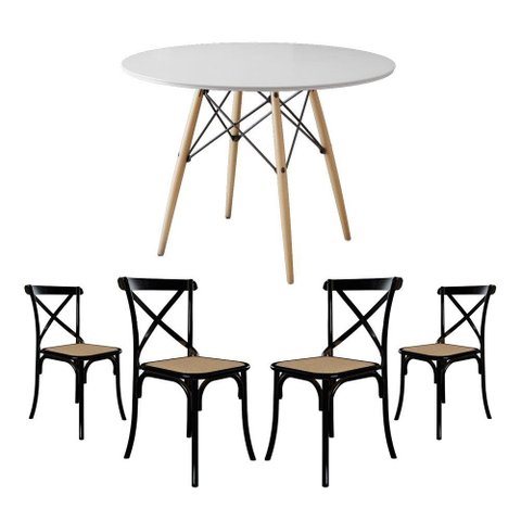 Conjunto de Mesa Eiffel Redondo Tampo de Madeira 90cm Branco com 4 Cadeiras Katrina Preto