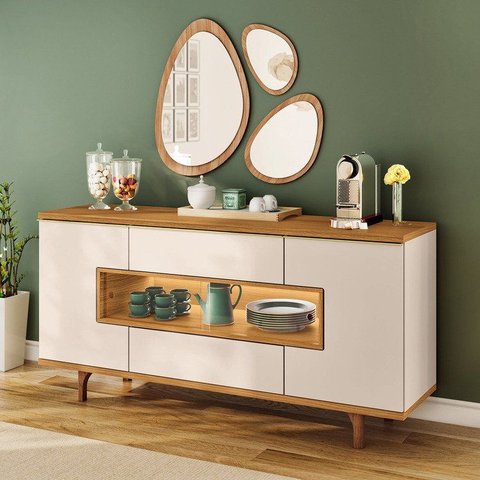 Balcão Buffet 160cm 5 Portas 1 Gaveta com LED e Pés em Madeira Maciça Ícaro Espresso Móveis