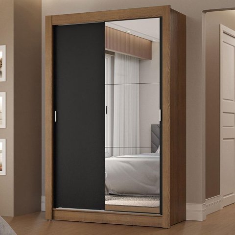 Guarda-roupa Solteiro 2 Portas de Correr com Espelho 2 Gavetas Rustic/preto Vivare Madesa Rustic/