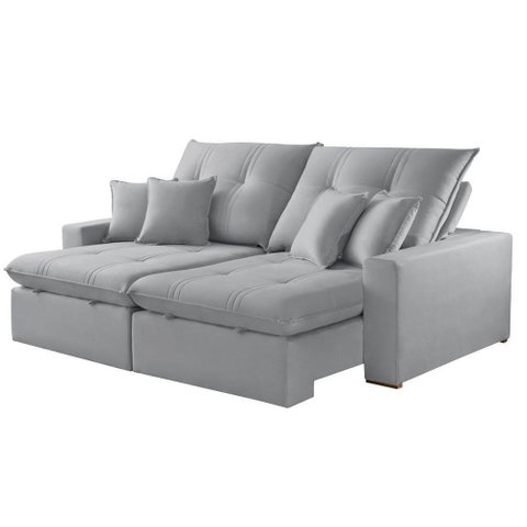 Sofá com Chaise B026 3 Lugares Retrátil 210cm Prata Veludo Meu Sofá Online