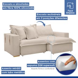 Sofá Cama Retrátil e Reclinável 220cm Arizona Com Almofadas - 5
