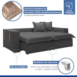 Sofá Cama Retrátil e Reclinável 240cm Arizona Com Almofadas - 6
