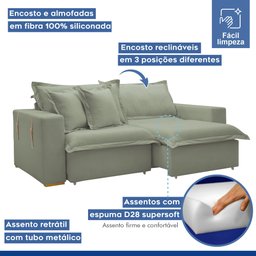 Sofá Cama Retrátil e Reclinável 240cm Arizona Com Almofadas - 5