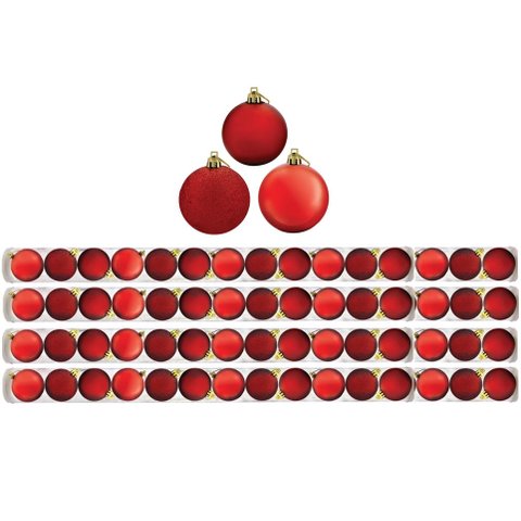 Super Kit 60 Bolas De Natal Glitter, Lisa e Fosca Vermelha 4cm - Riomaster