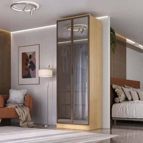 Guarda Roupa 81cm C/ 2 Portas Reflecta e Led 100% Mdf Cor:olmo