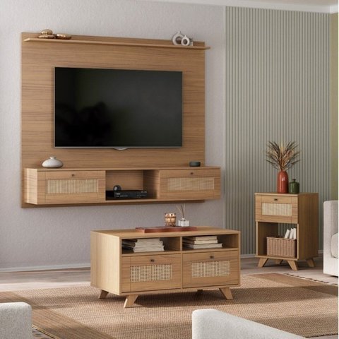 Conjunto Sala de Estar Painel para TV até 72 Polegadas 100% MDF com Mesa de Centro e Mesa de Apoio Trama Marrom