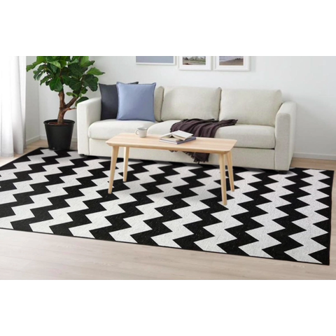 Tapete Sala Geométrico Zigzag 150X200 Cm Lavável Preto Prata