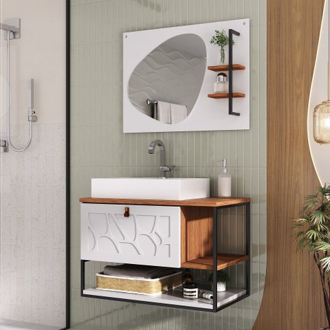Conjunto de Banheiro Completo MDF com Cuba e Espelheira Lancy 80cm Marrom/Cinamomo/Br