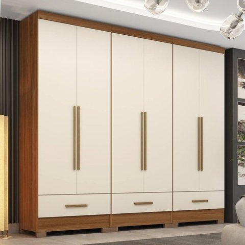 Quarto Modulado 100% MDF 3 Peças 6 Portas 3 Gavetas Smart Plus Bege/Cinamomo/Offwhite