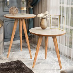 Conjunto 2 Mesa Apoio e Lateral Redonda Pés Palito Classic Decorativo - Off White Com Freijo - 2