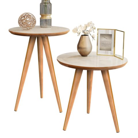 Conjunto 2 Mesa Apoio e Lateral Redonda Pés Palito Classic Decorativo - Off White Com Freijo