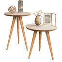 Ver imagem 1 de Conjunto 2 Mesa Apoio e Lateral Redonda Pés Palito Classic Decorativo - Off White Com Freijo