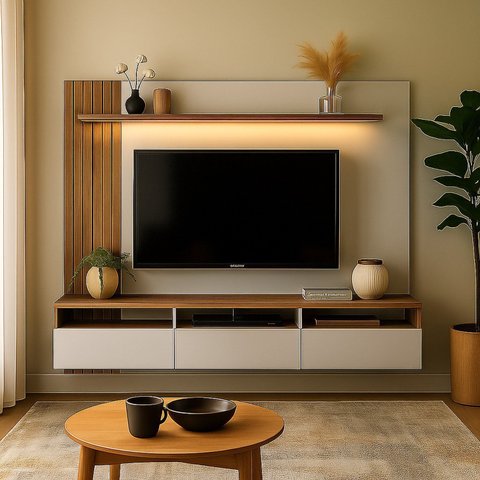 Painel para TV até 65 Polegadas com LED 3 Gavetas Nichos Ripado BP 165x220cm YesCasa