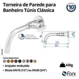 Torneira de Parede Banheiro Champanhe Túnis Clássica 262 - 3