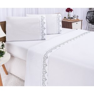 Jogo Lençol Casal Queen 400 Fiosatenas Branco com Cinza 4 Pçs