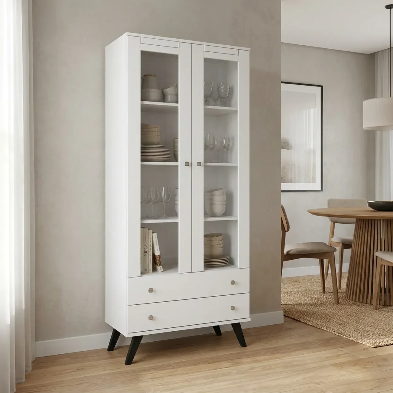 Cristaleira para Sala de Jantar com 2 Portas 2 Gavetas e Vidro Branco/Preto