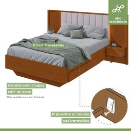 Cama Casal 140cm com Usb, Usb-c 2 Mesa de Cabeceiras Solaris - 10