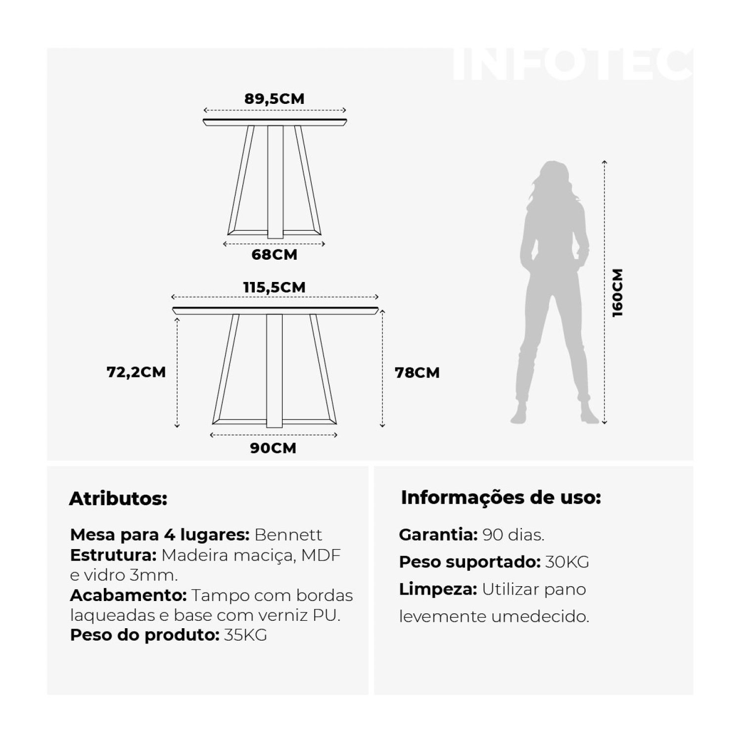 Mesa Bennett Retangular 115cm com Tampo de Vidro - 3