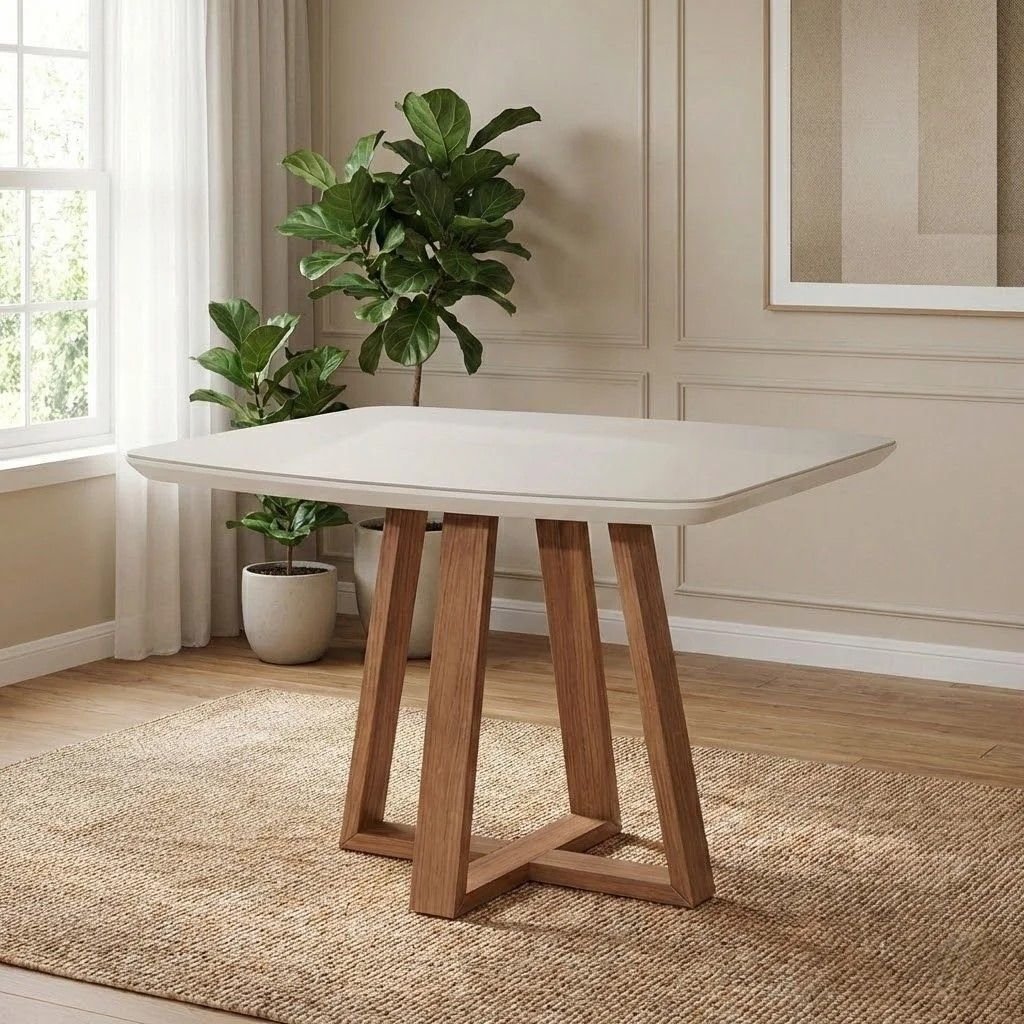 BENTL METTA Mサイズ Mesa Bennett Retangular 115cm com Tampo de Vidro Branco/Marrom/Off