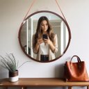 Ver imagem 3 de Kit 2 Espelhos Redondo Decorativo Suspenso Alça 50cm + Suporte Marrom Alça Caramelo