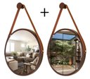 Ver imagem 1 de Kit 2 Espelhos Redondo Decorativo Suspenso Alça 50cm + Suporte Marrom Alça Caramelo