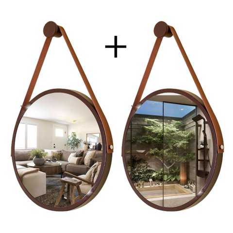 Kit 2 Espelhos Redondo Decorativo Suspenso Alça 50cm + Suporte Marrom Alça Caramelo