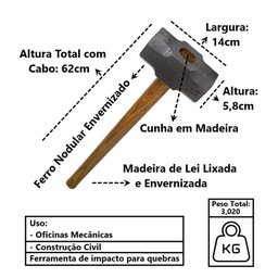 Marreta Premium Cabo e Cunha de Madeira Envernizado 3kg - 5