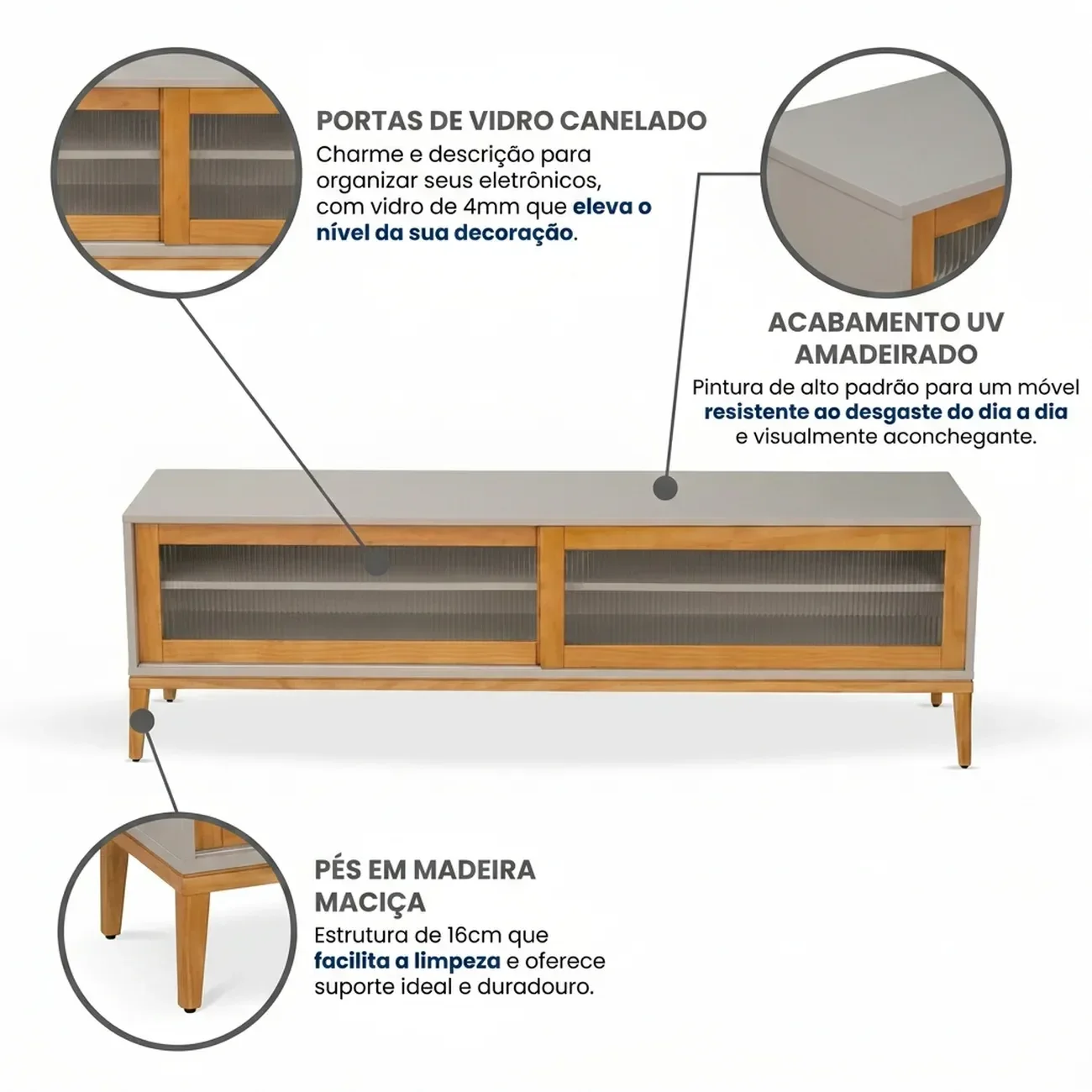 Ver imagem 5 de Rack para TV 65 Polegadas 182cm em Madeira Maciça/MDF e Vidro Canelado Mel/Off White