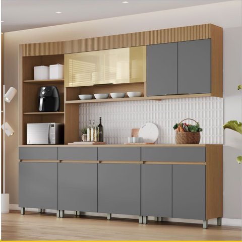 Cozinha 5 Peças 7 Portas 1 Porta Vidro 4 Gavetas Torre Angular Realeza Premium 265 Cm Mdf Nesher