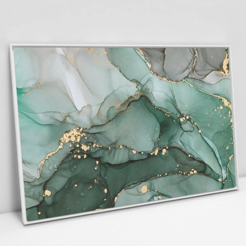 Quadro Decorativo em Canvas Abstrato Mármore Verde Safira TaColado Moldura Flutuante 4,5cm Branca 12