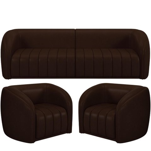 Kit Sofá 5 Lugares para Sala 332cm com 02 Poltronas Lazio M03 Corano Marrom - Lyam Decor
