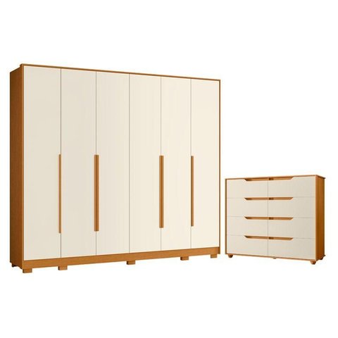 Guarda Roupa Casal Mercure 6 Portas e Cômoda Doble 08 Gavetas Cinamomo Off White Flex - Móveis