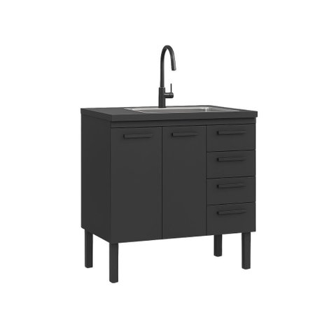 Gabinete de Pia Cozinha 117cm 100% Aço 2 Porta e 4 Gavetas:Preto