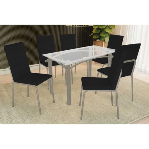 Sala de Jantar Completa Elba C/ Tampo de Vidro 120cm e 4 Cadeiras Amsterdã Niquel - Corano Preto -