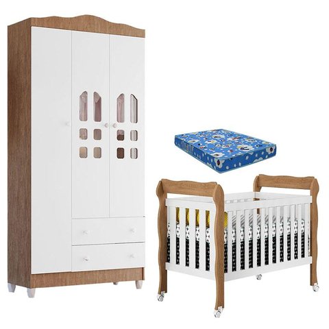Berço Americano Lila e Guarda Roupa Infantil New Selena 3 Portas Branco Acetinado Amadeirado com Col