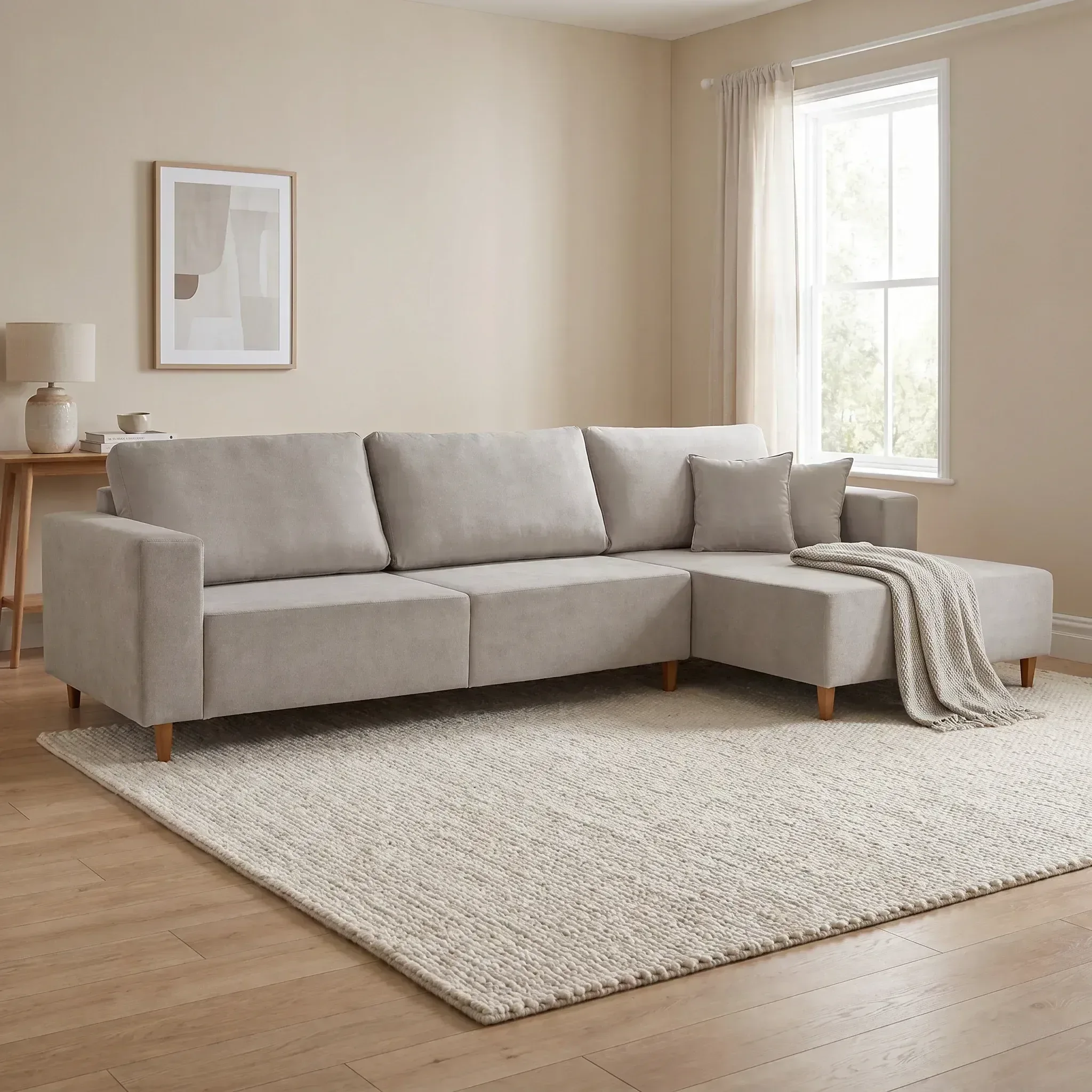 Ver imagem 1 de Sofá de Canto 5 Lugares Paris com Chaise Pés Madeira Maciça 270cm em Bouclé Cinza
