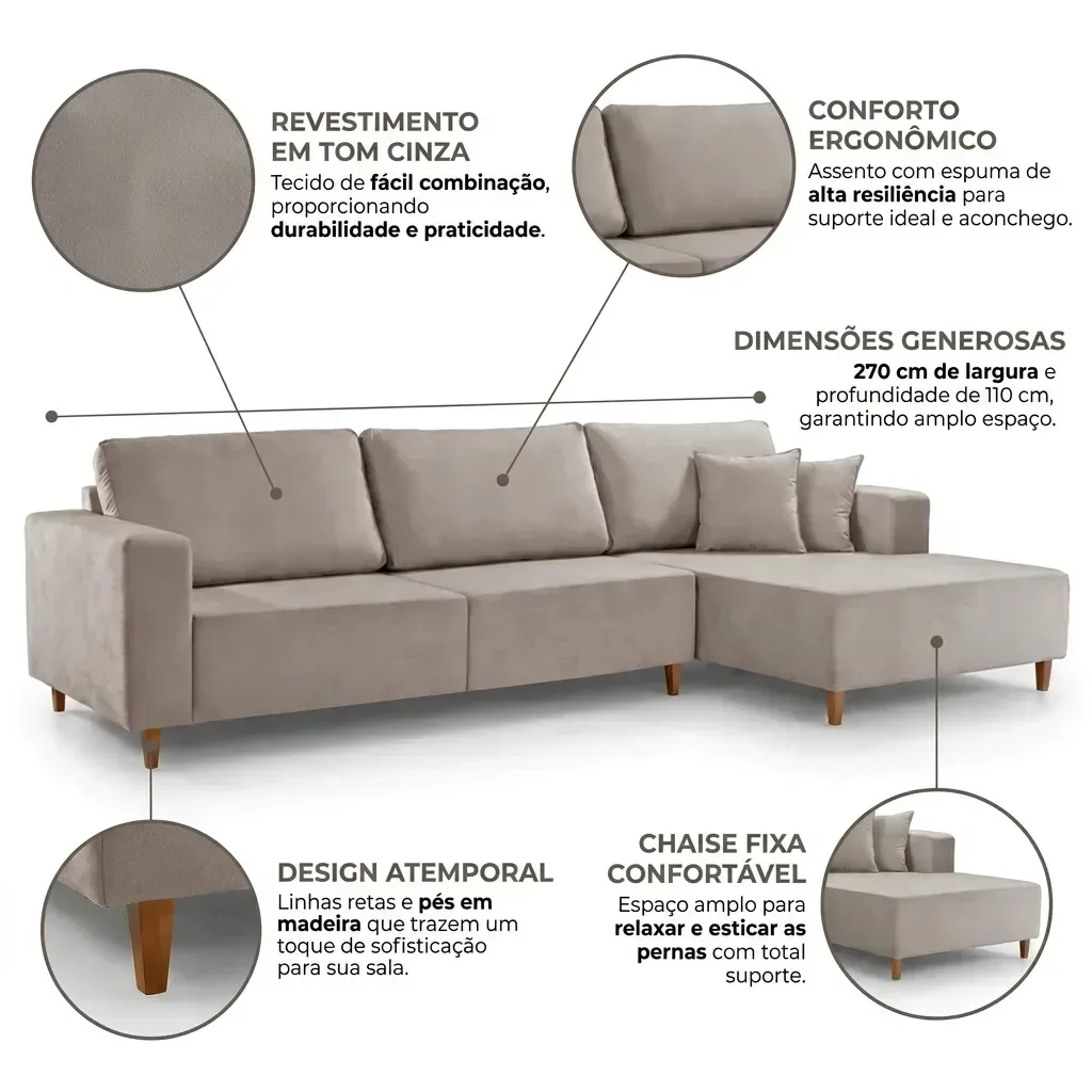 Ver imagem 4 de Sofá de Canto 5 Lugares Paris com Chaise Pés Madeira Maciça 270cm em Bouclé Cinza