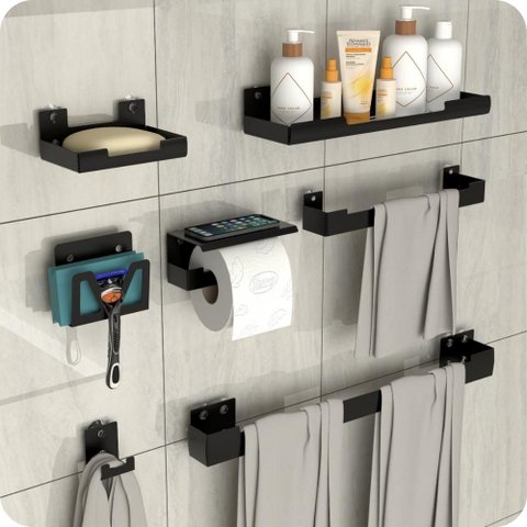 Kit Acessórios para Banheiro com Ventosa 7 Peças Preto Elg