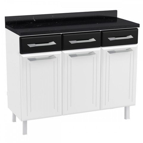 Balcão de Cozinha em Aço Topázio 3 Portas 3 Gavetas Branco/Preto - Telasul
