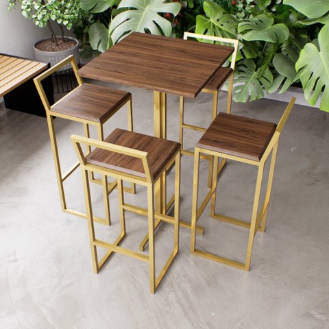 Jogo Mesa Alta Bistrô Quadrada Imbuia 4 Banquetas Imbuia Confort Industrial Dourado Don Castro Decor