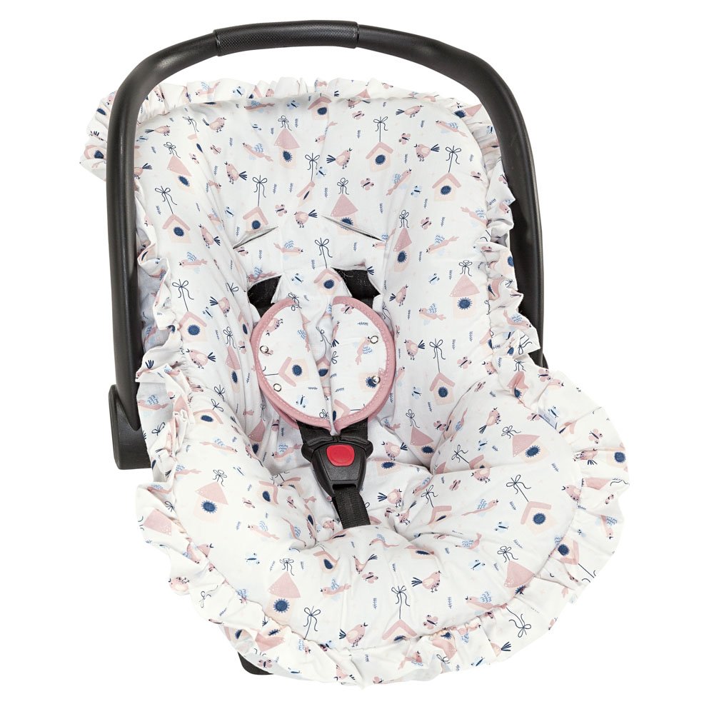 Capa Bebê Conforto e Protetor de Cinto Passarinho Ajustável e com Babado, 100% Algodão - - 1