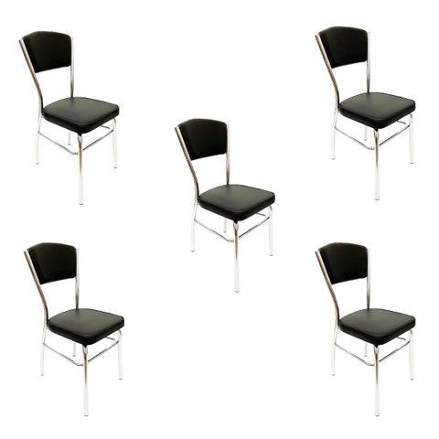 Cadeira Cozinha Reforço Cromada Assento Grosso Confortável Encosto Estofado Cor Preto Kit 5 Peç
